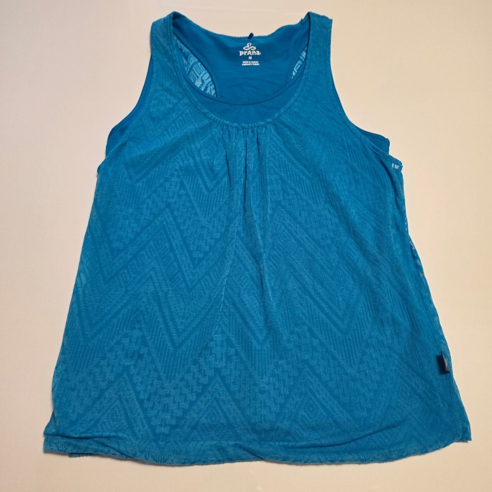 Prana Burnout Chevron Racerback Tank Top with Built-in Shelf Bra Blue Medium